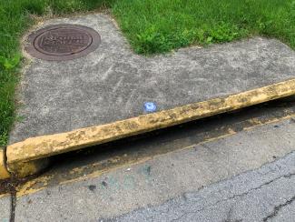 Storm drain marked with a UK medallion