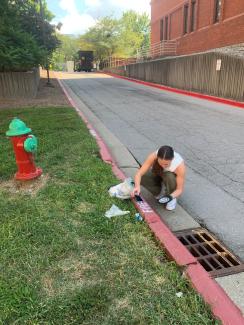 Outreach Intern applies a marker medallion near a storm drain.