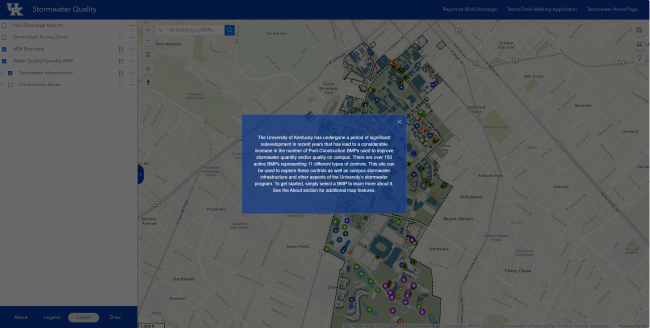 An interactive GIS map showing UK's MS4 stormwater management features on campus.